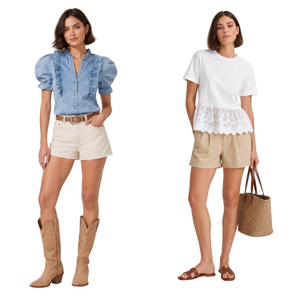 Lot 2 ZARA Tops S Denim Ruffle Puff Sleeve Eyelet Peplum Coastal Western